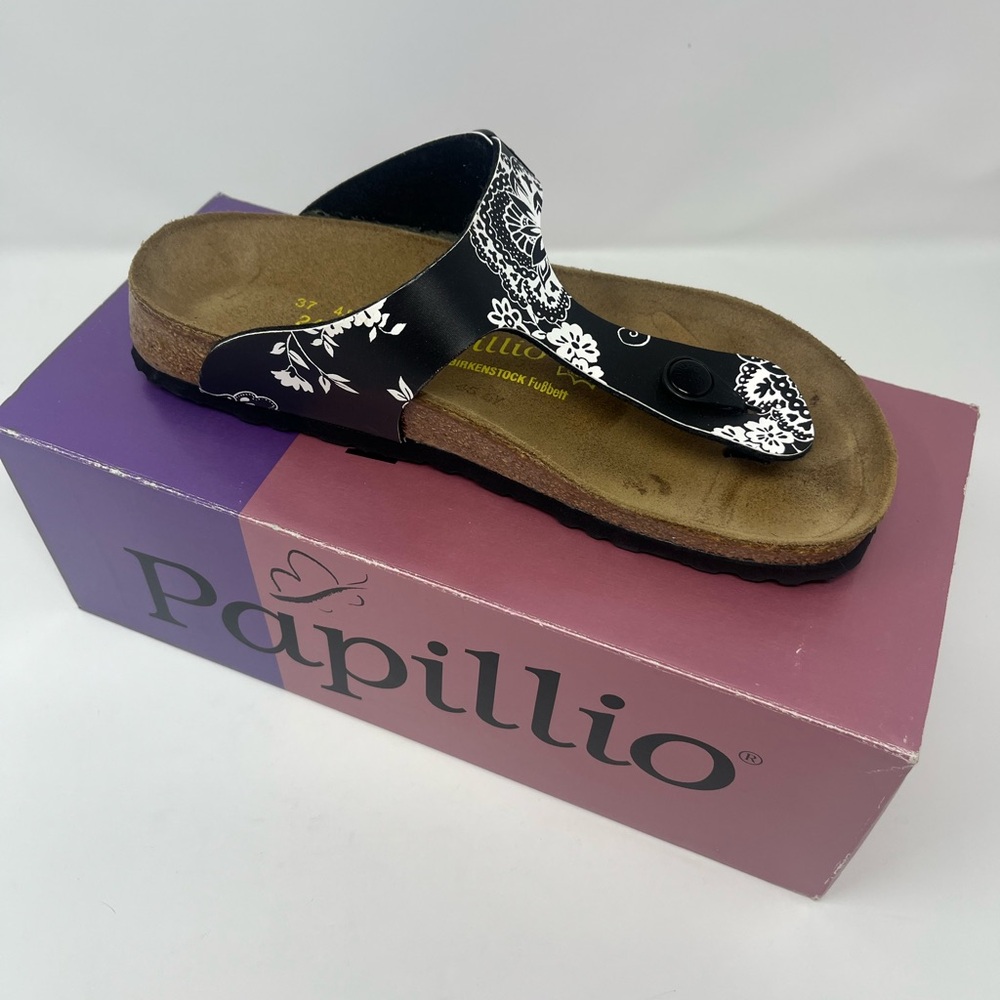 BIRKENSTOCK PAPILLIO Gizeh Birko-Flor Sandal Sz 37 Kimono Black/White Floral NEW
